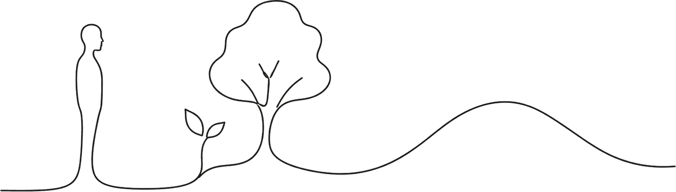 A drawing made of one unbroken line: a standing figure, beside it a young seedling with two leaves, then a grown tree, the line running on into a gentle hill.